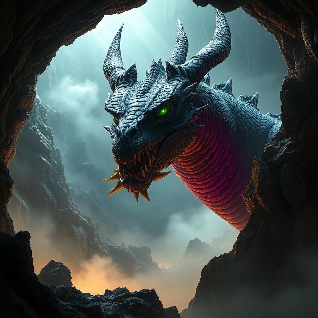Dragon Emerges from Cave: Dark Fantasy Concept Art