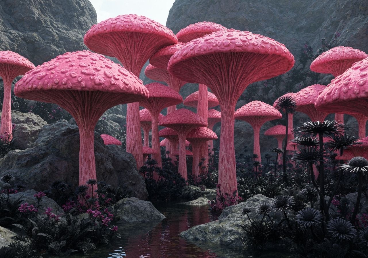 Surreal Pink Mushrooms and Black Flora Landscape