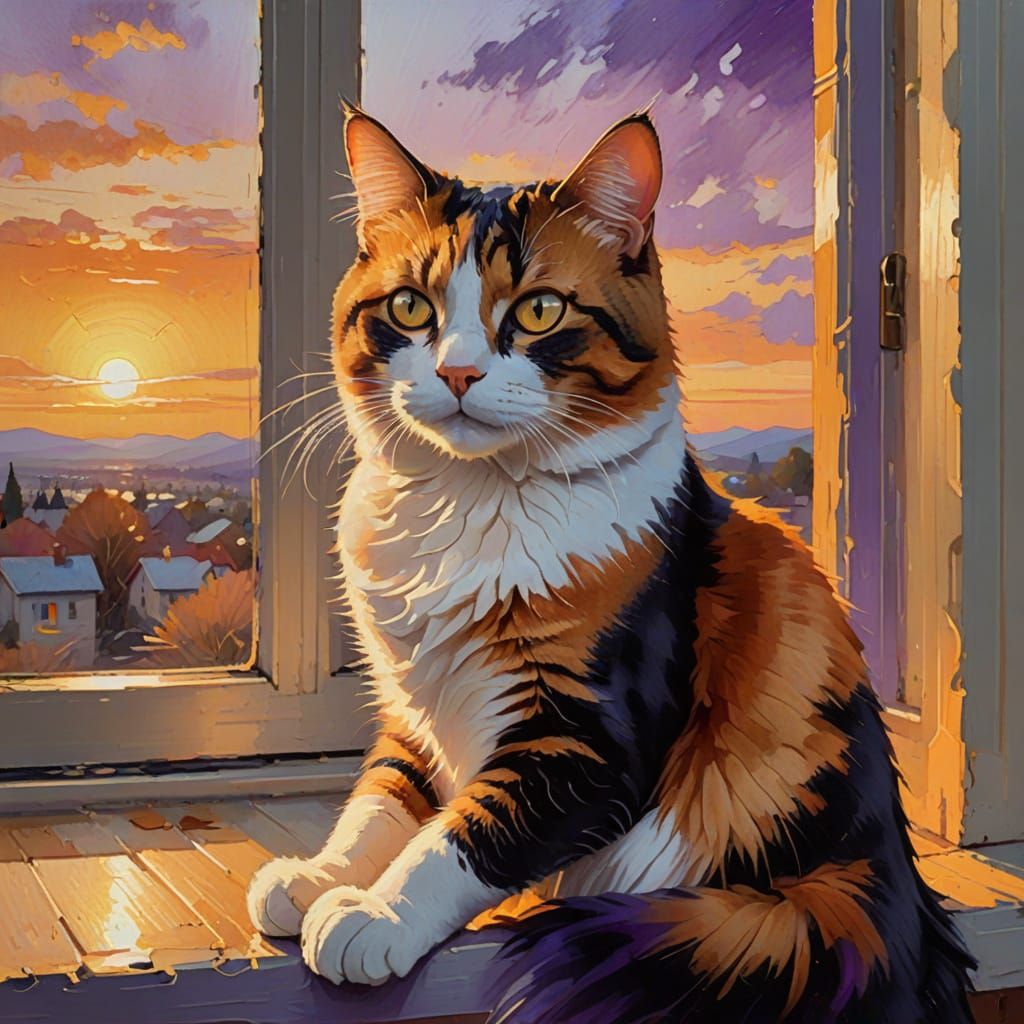 Calico Cat at Sunset in Impressionist Style