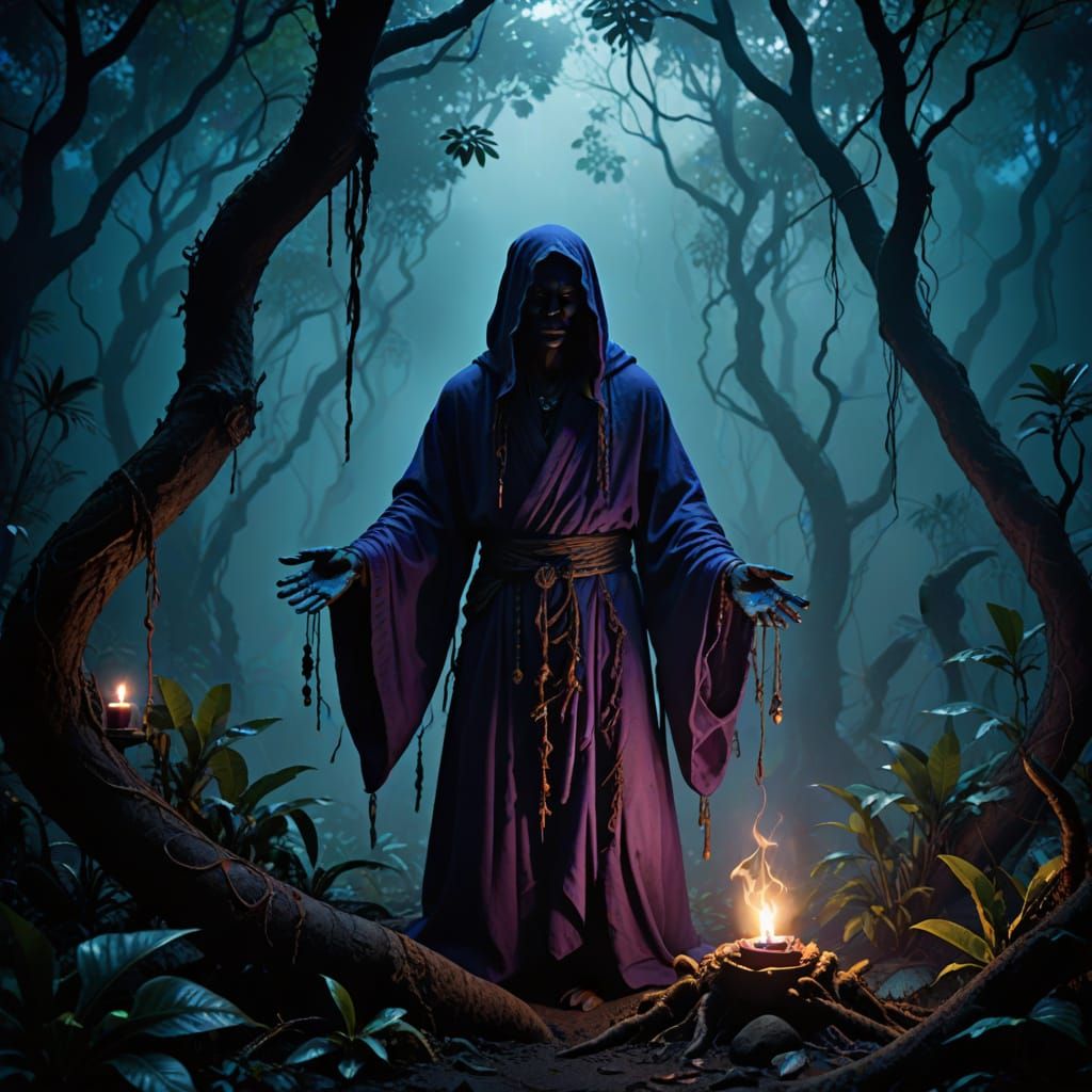 Voodoo Ritual in Misty Jungle: Dark Fantasy Art