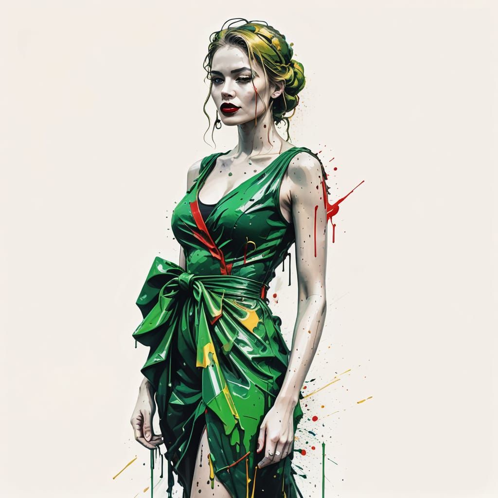 Woman in Green Dress: Vibrant Street Art Portrait