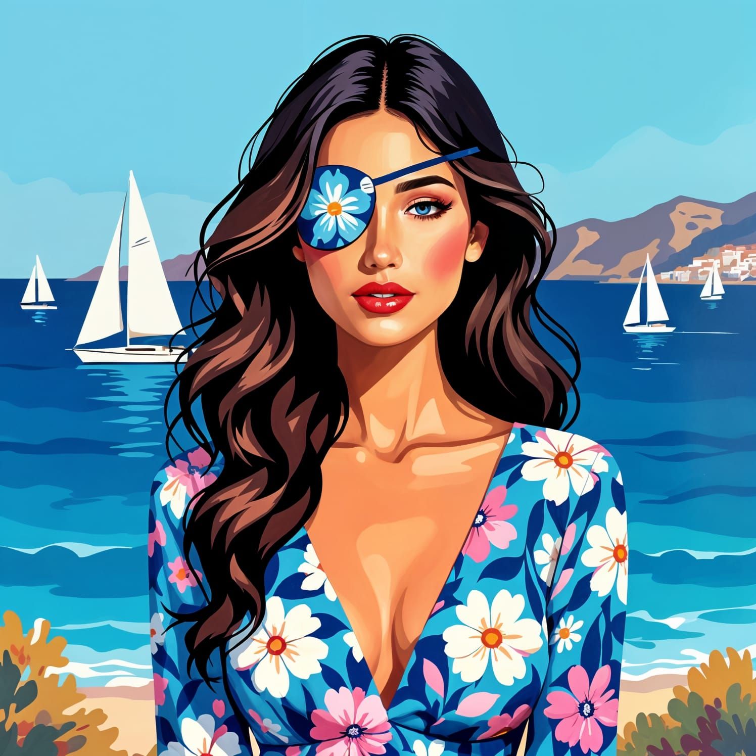 Woman in Flower Dress and Eyepatch by the Sea