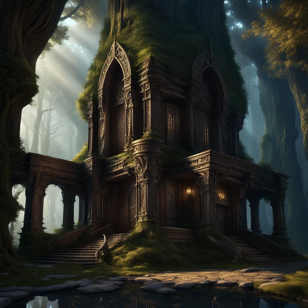 Elven Temple in Dark Wood, Art Nouveau Style