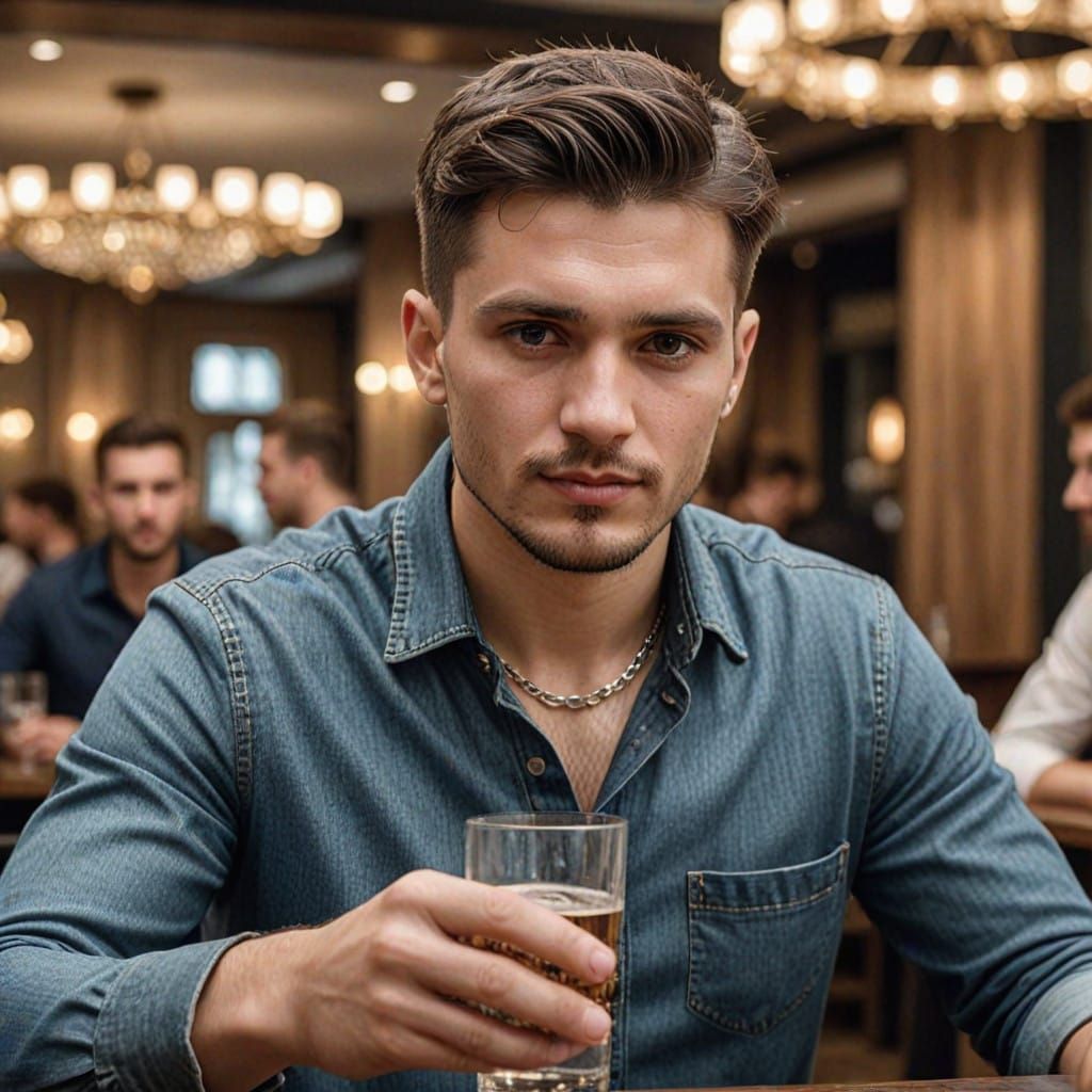 Charming Slavic Gentleman Raises a Glass in Luxurious Ambian...