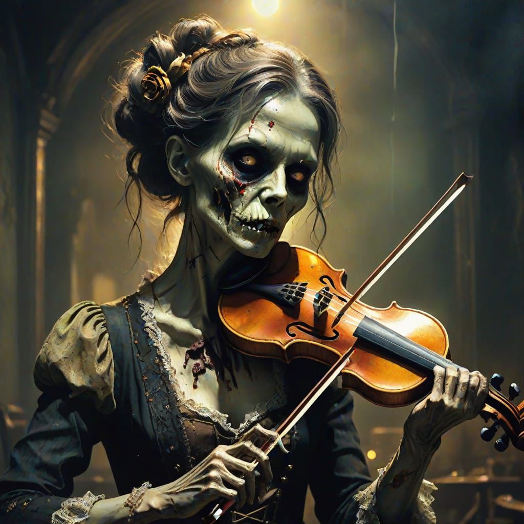 Elegant Zombie Violinist in Mixed Media Art