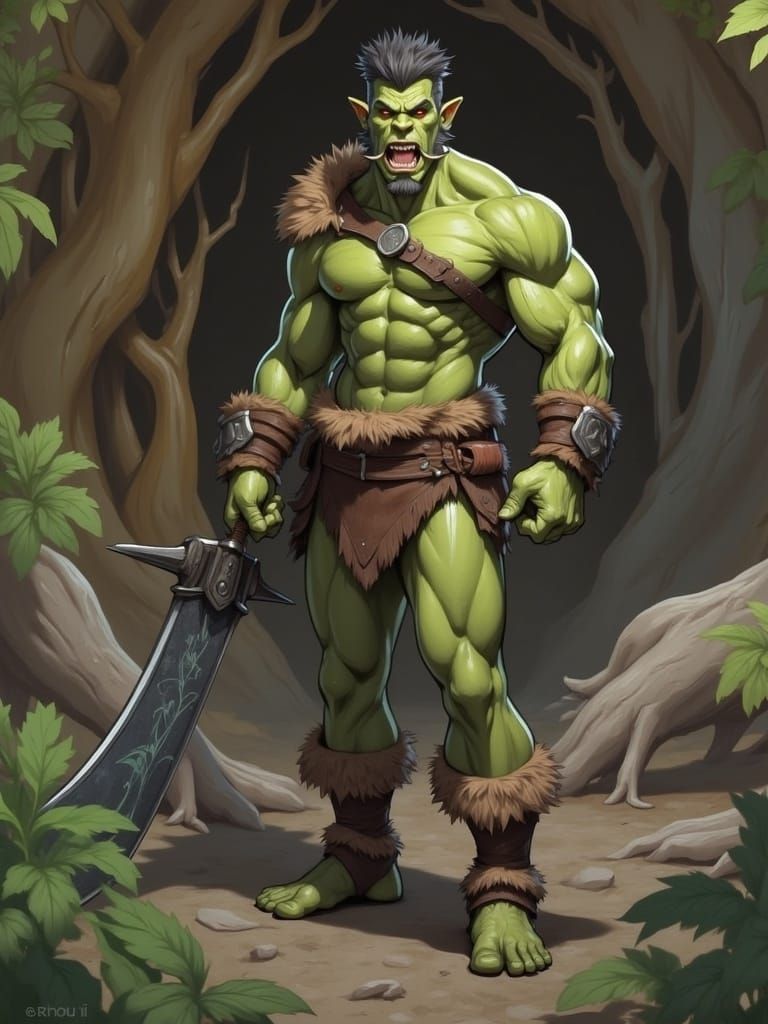 Muscular Orc Barbarian with Sword in Acrylic Style