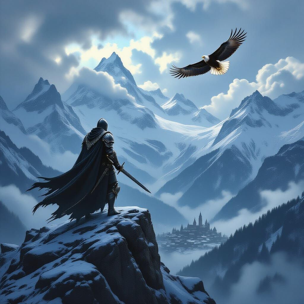 Knight on Alpine Peak Gazing at Eagle in Stormy Sky