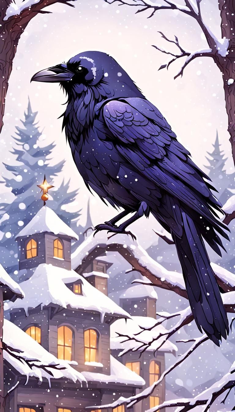 Raven in Winter Snow Scene