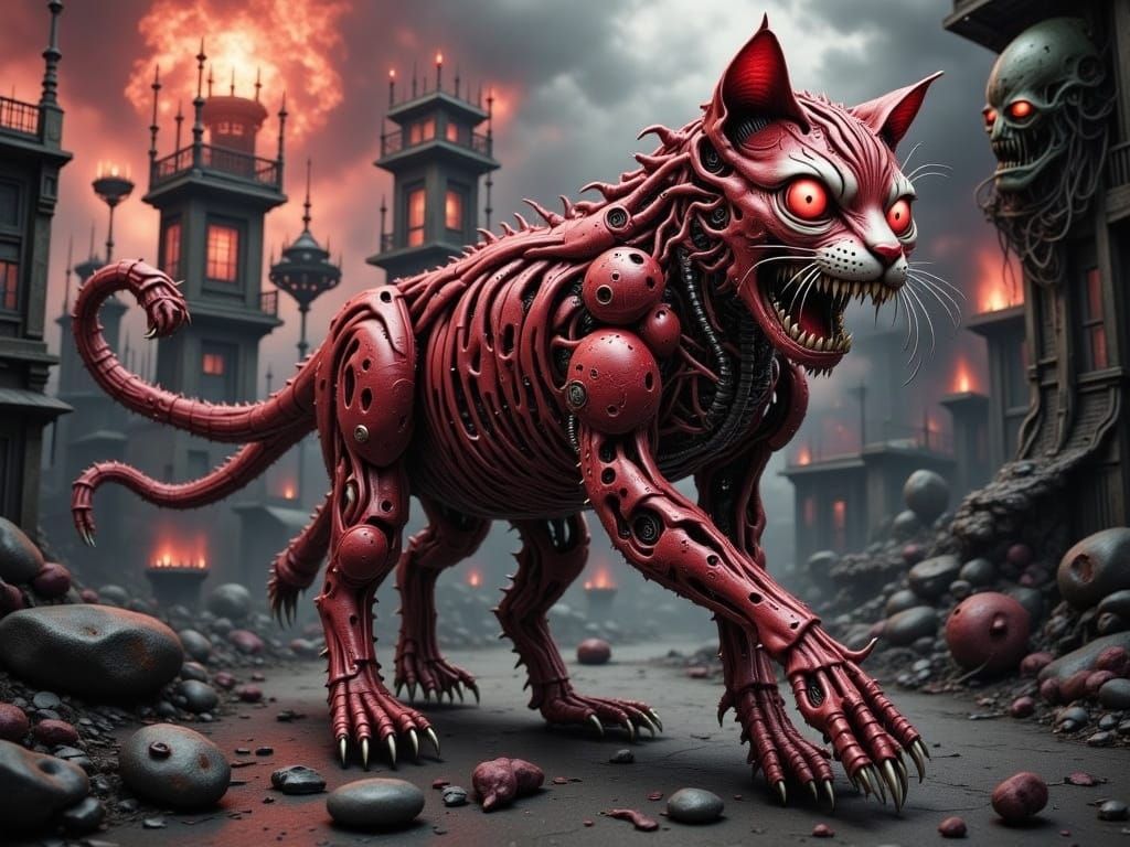 Cyberpunk Cheshire Cat Strolls Through Burning Fairy-Tale Ki...