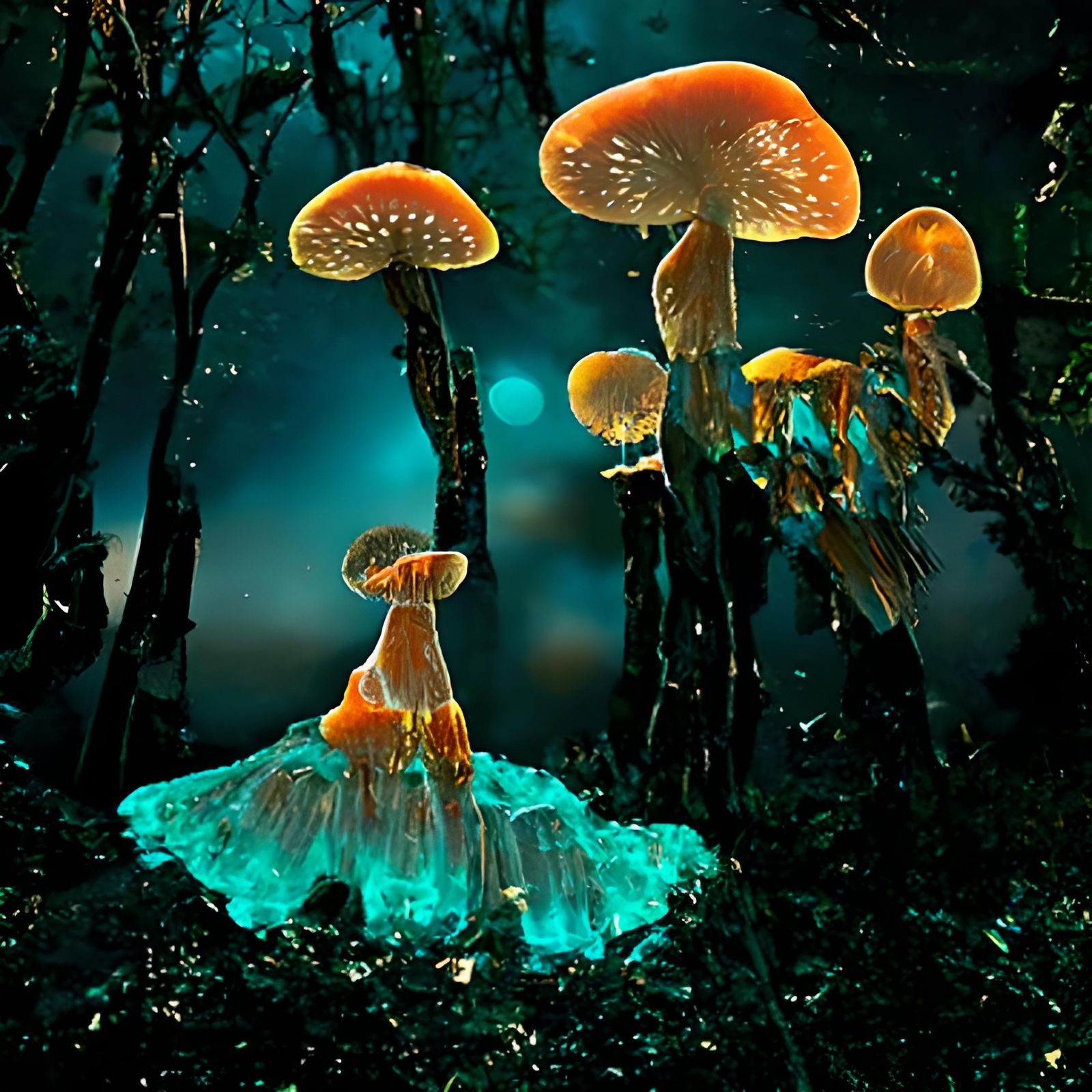 Bioluminescent Mushrooms Glow in Ethereal Forest