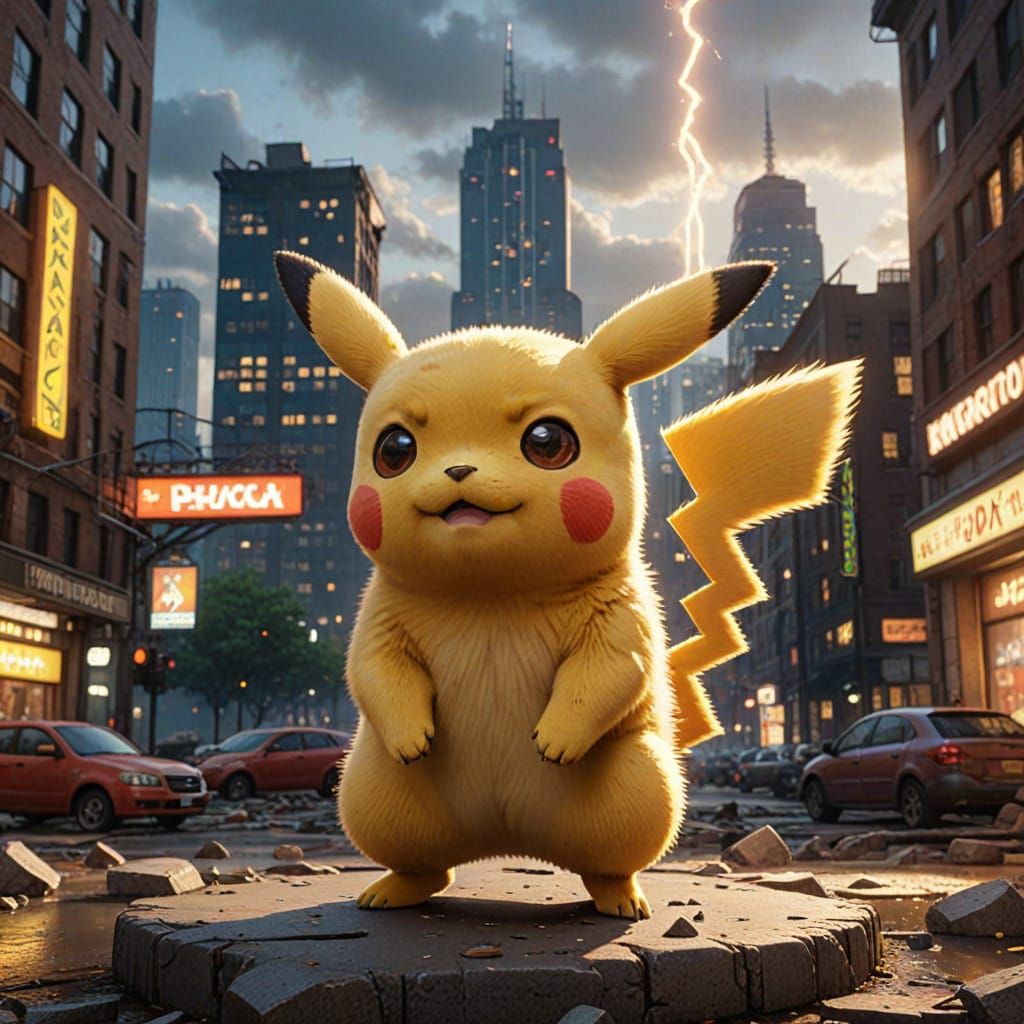 Electrifying Pikachu Battle Mode in Cyberpunk Cityscape