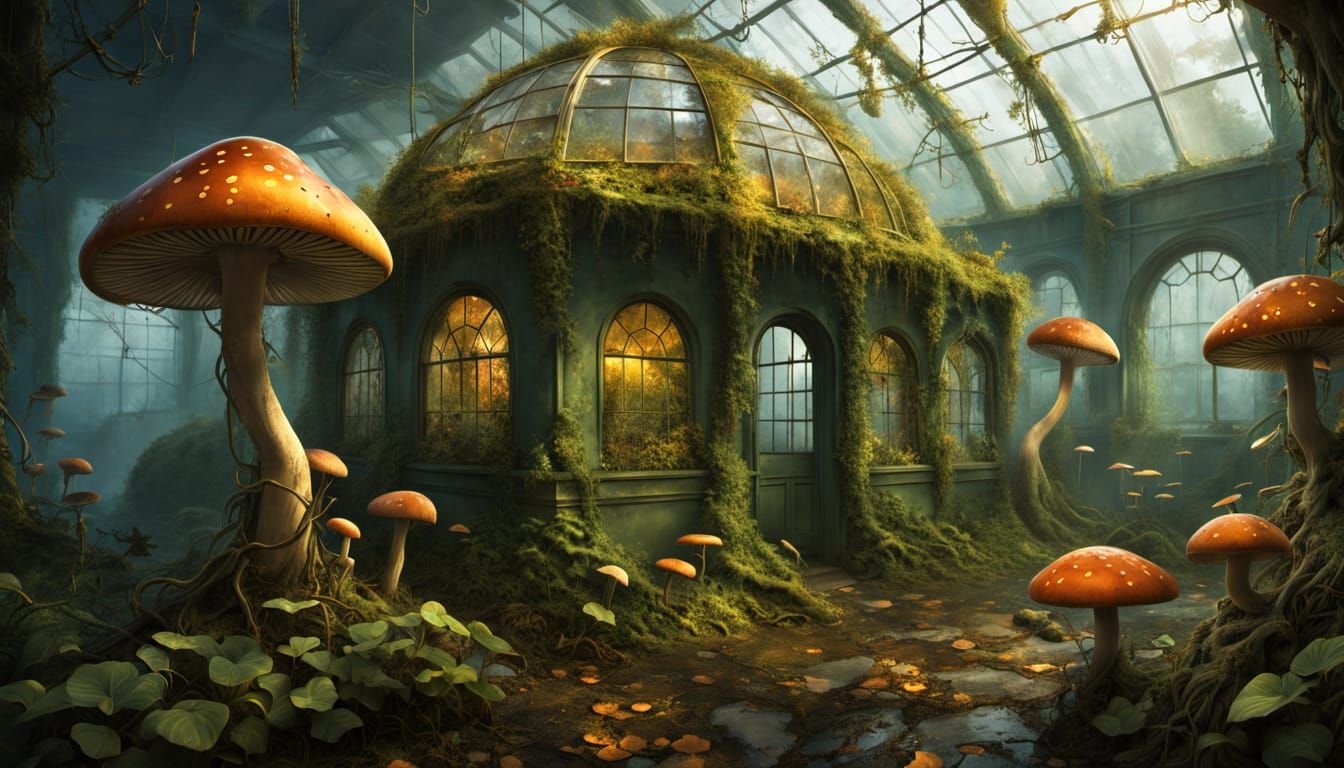 Surreal Greenhouse Overtaken by Glowing Fungi