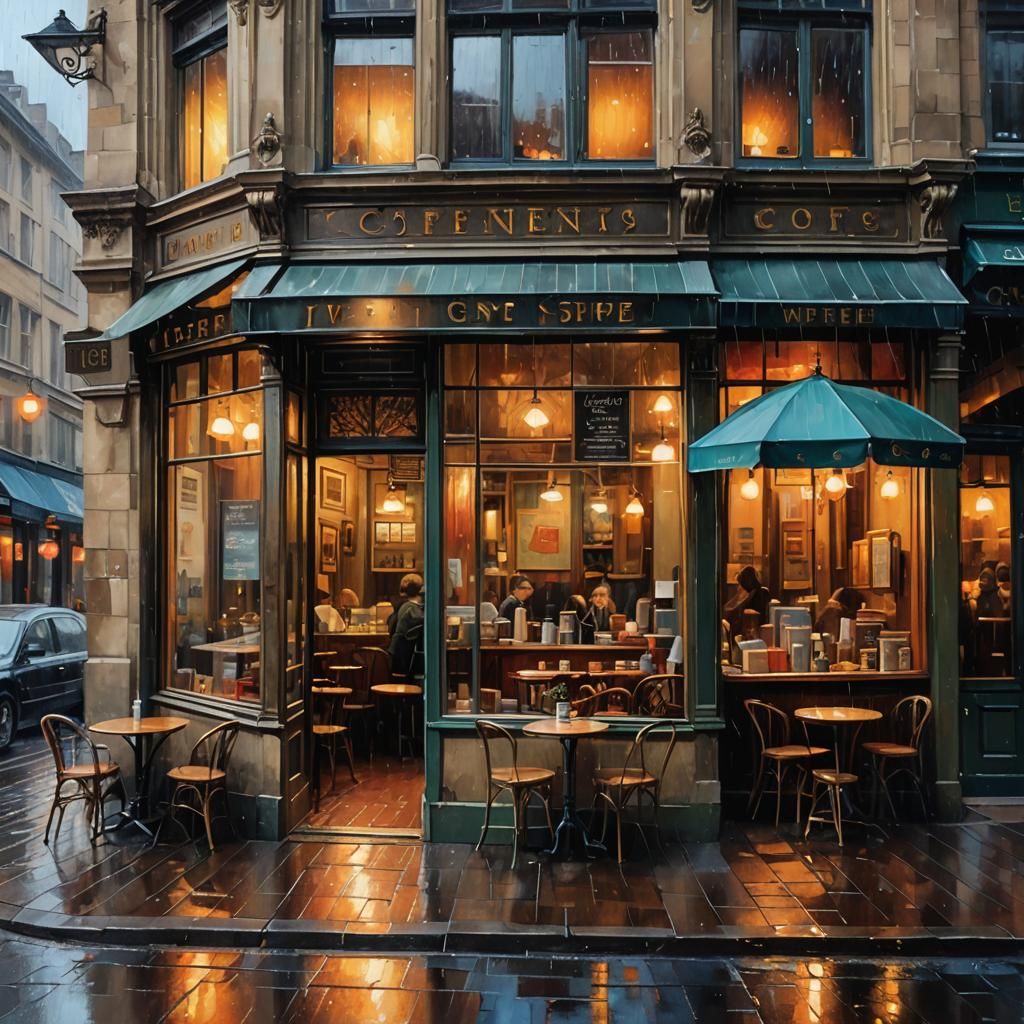 Illuminated Coffee Shop Window: Impressionist Painting
