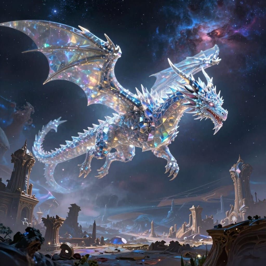 Crystalline Dragon Soars Over Alien Ruins