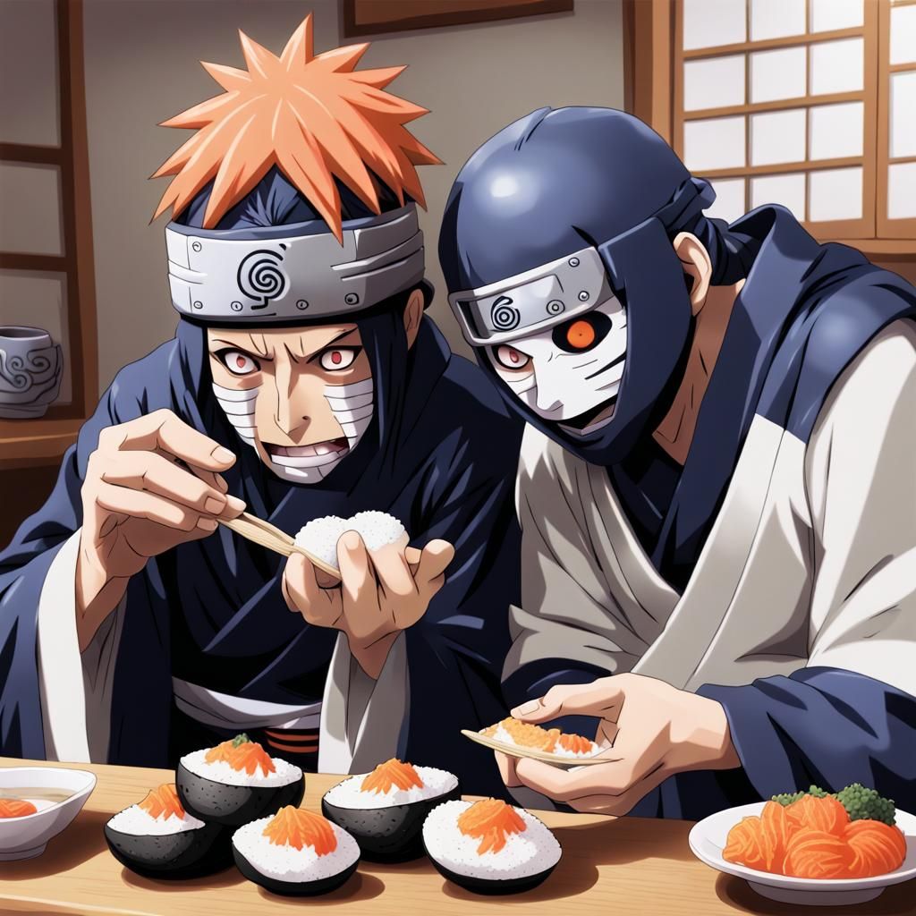 Pain and Obito Eating Onigiri in Anime Style