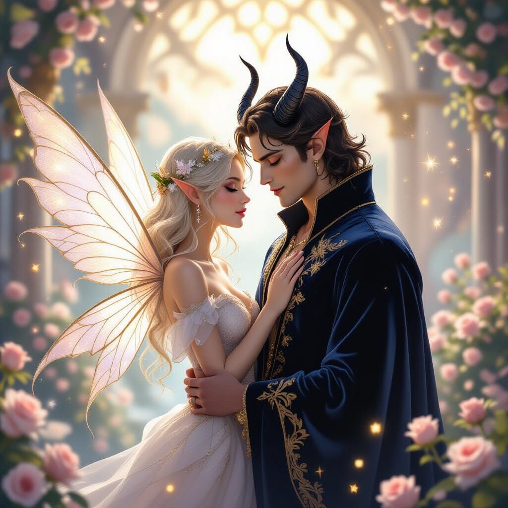 Devil and Fairy's Tender Love in Ethereal Garden