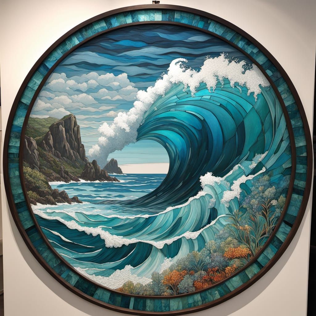 Stained Glass Artwork of Turquoise Ocean Scene