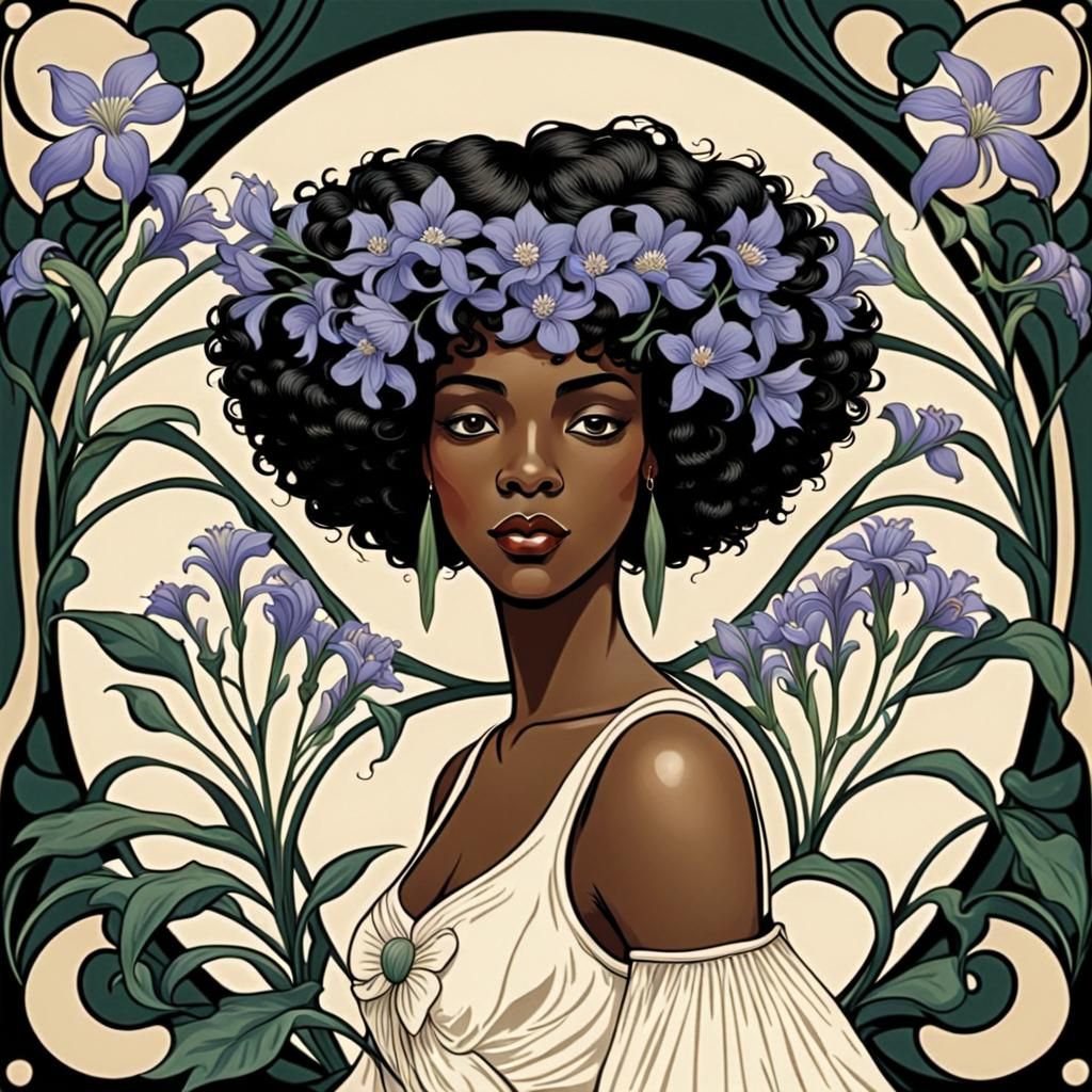 Black Woman with Bellflower in Art Deco Style