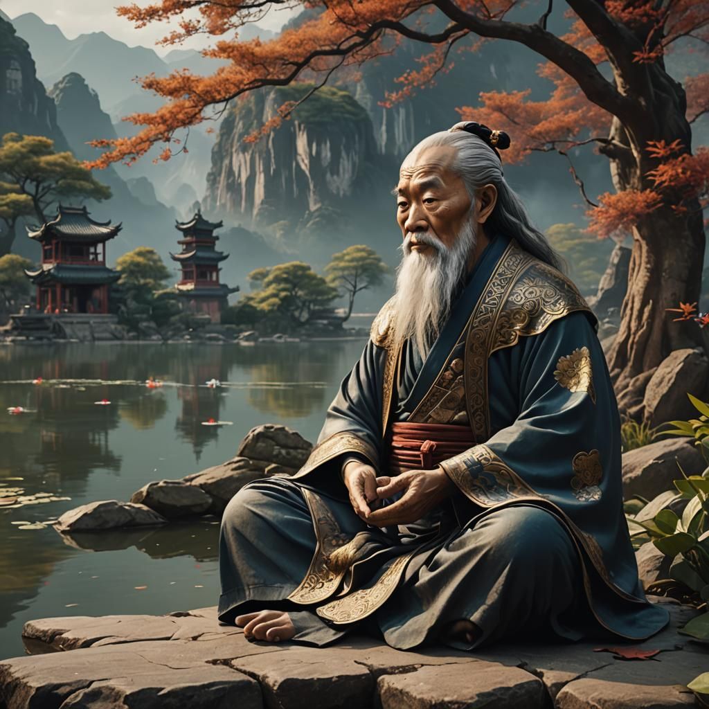 Lao Tzu Meditating by a Lake: Fantasy Concept Art
