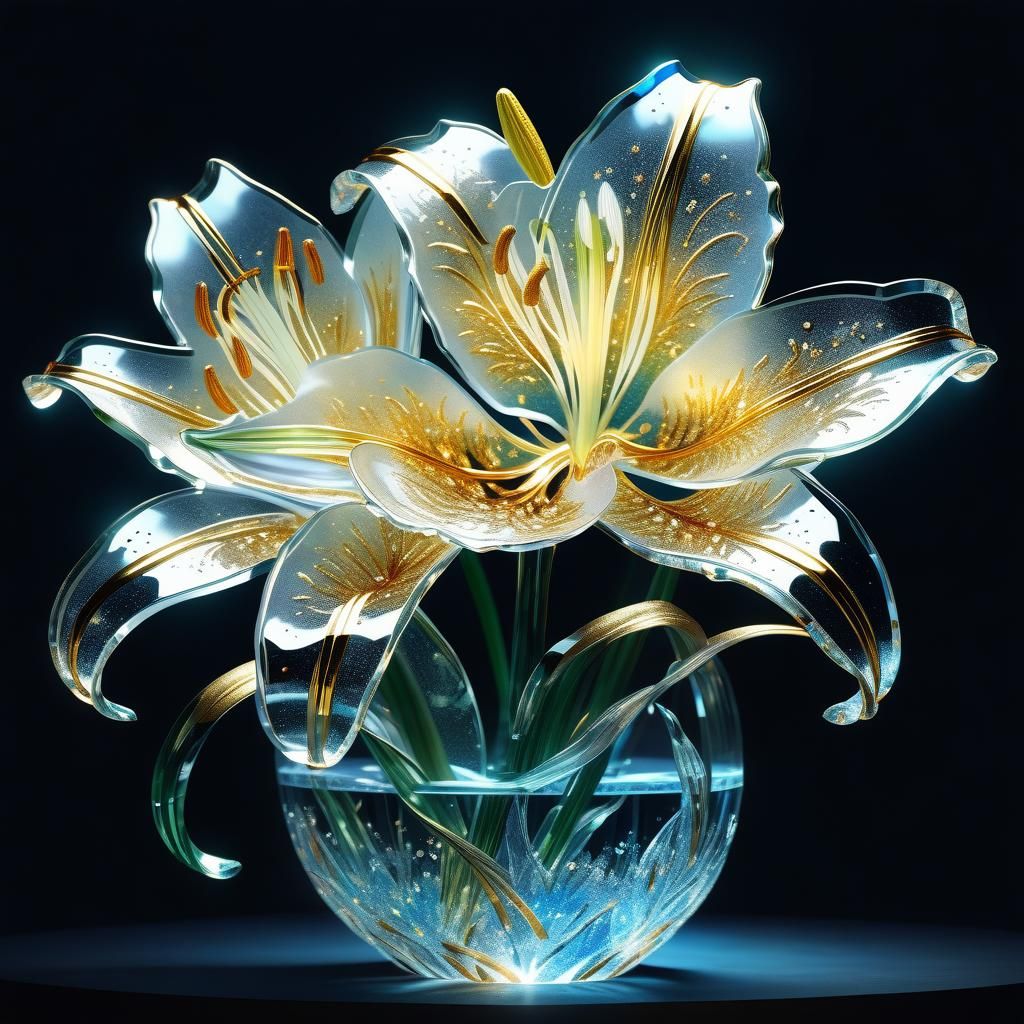 Glass Lily Flower with Gold Edges in Volumetric Lighting