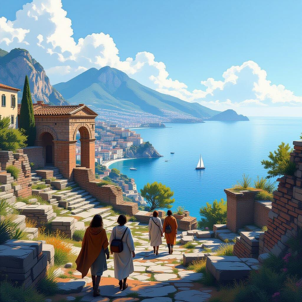 People Explore Roman Ruins in Painterly Style