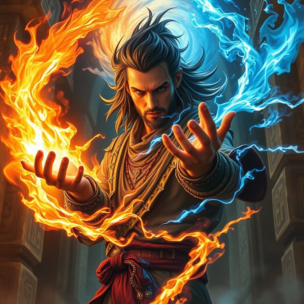 Epic Fantasy Sorcerer Unleashes Triadic Fire and Plasma