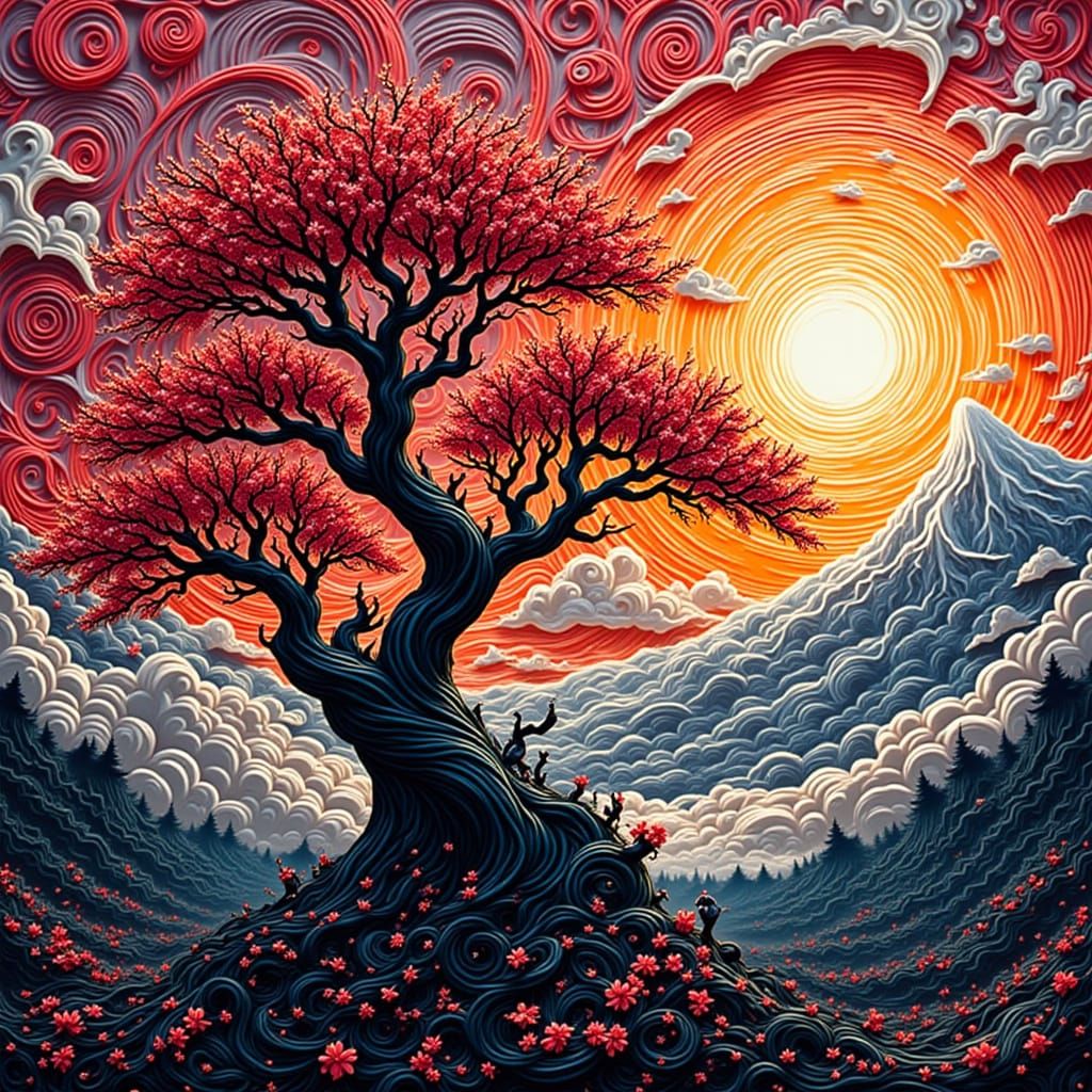 Ancient Sakura Tree at Japanese Sunset in Zentangle Style