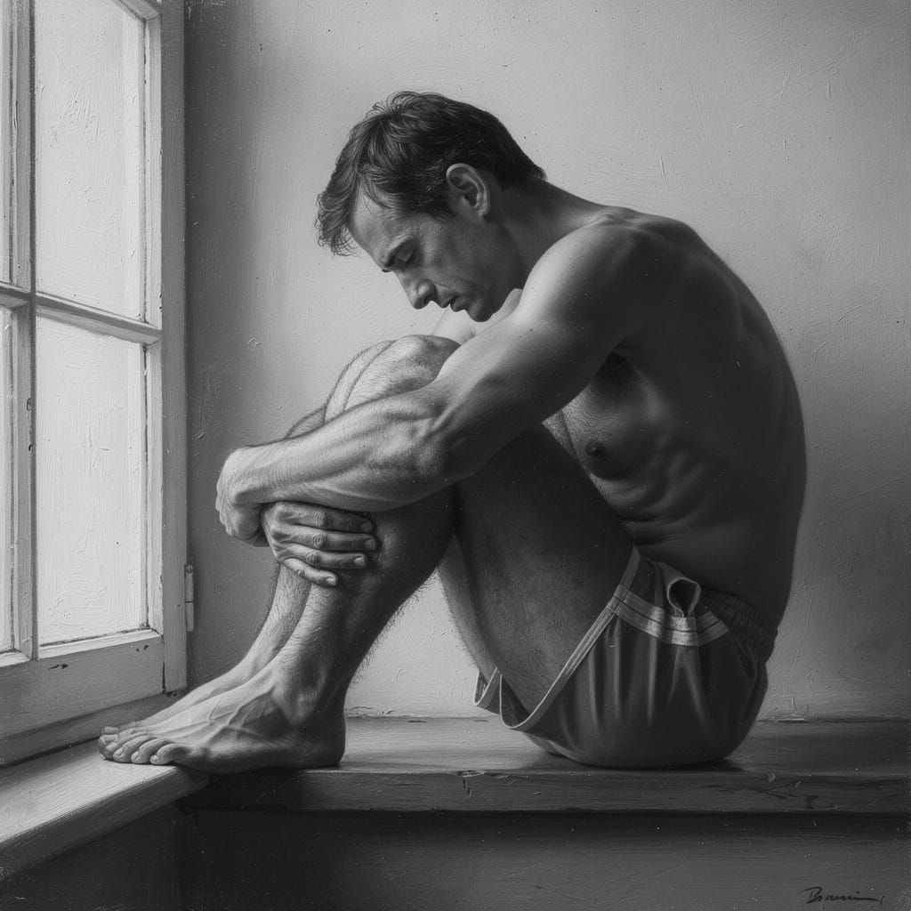 Man on Windowsill in Dramatic Chiaroscuro