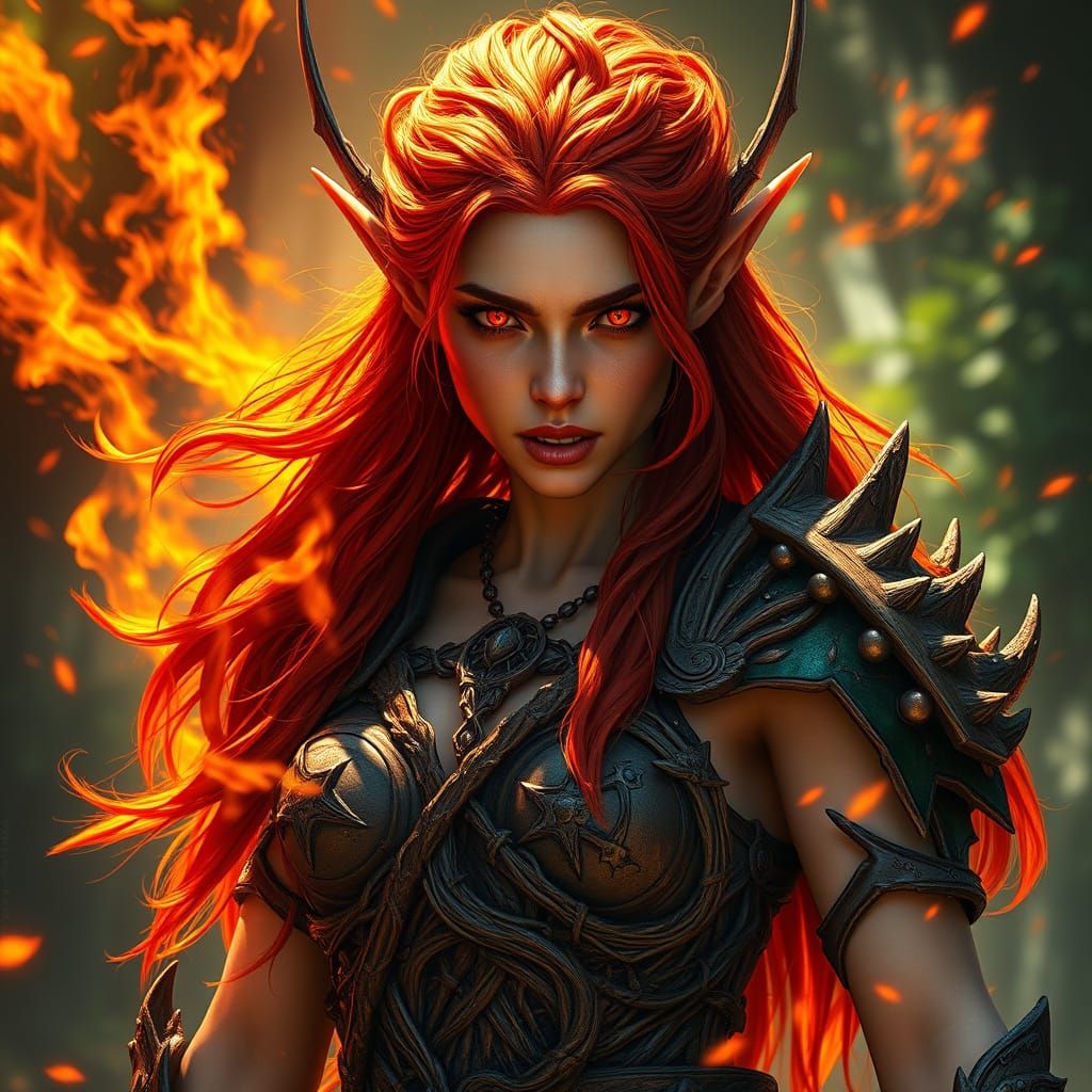 Fiery Elven Druid in Organic Armor Unleashes Molten Fury