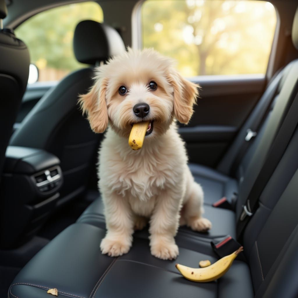 Joyful Dog Savoring Banana in Modern Car