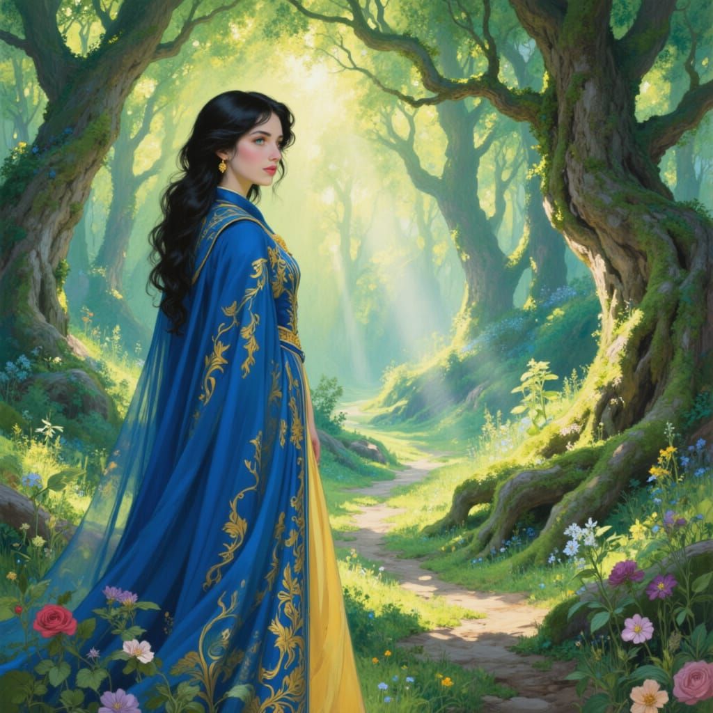 Snow White in Enchanted Forest with Volumetric Lighting