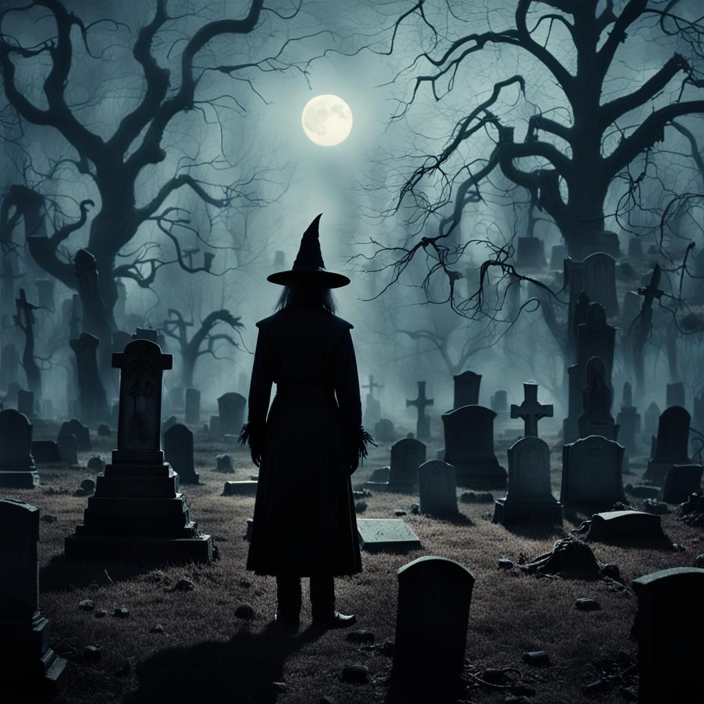 Eerie Witch in Graveyard, Cinematic Film Still