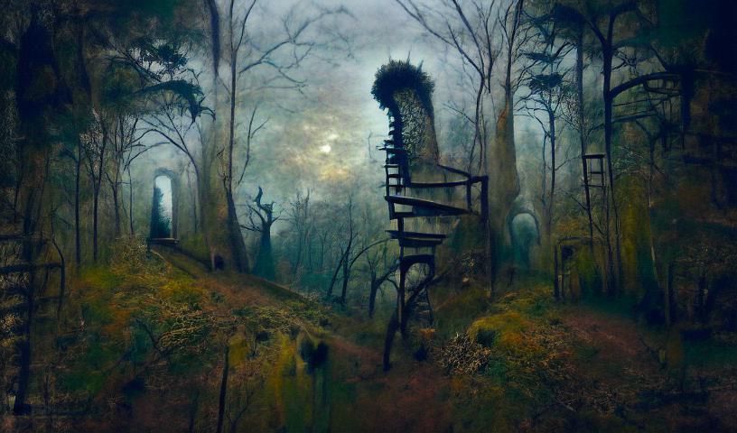 Mysterious Staircase in Dark Forest: Gothic Concept Art