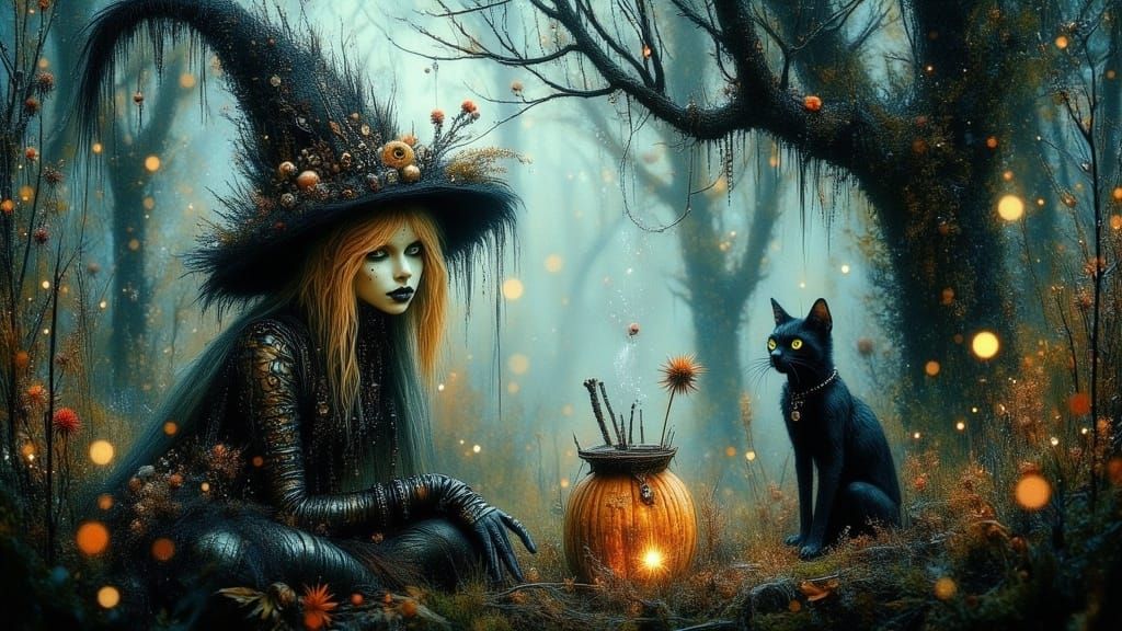 Halloween Pumpkin Witch in Spooky Forest