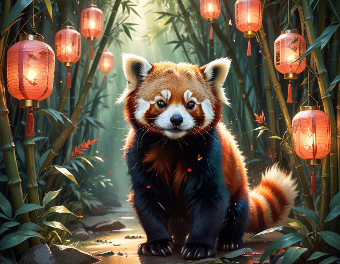 Red Panda in Bamboo Lantern Alley: Watercolor Summerscape
