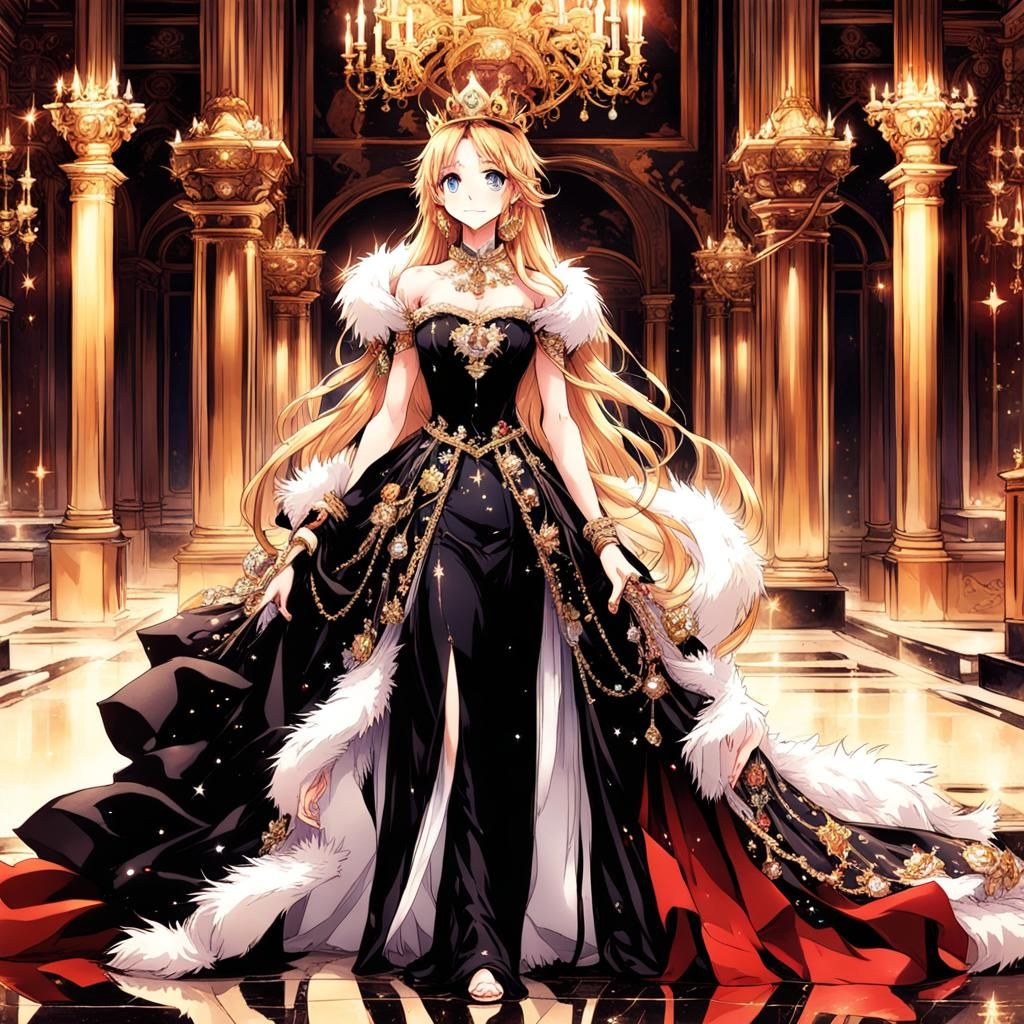 Elegant Girl Queen at Mansion Ball in Anime Style