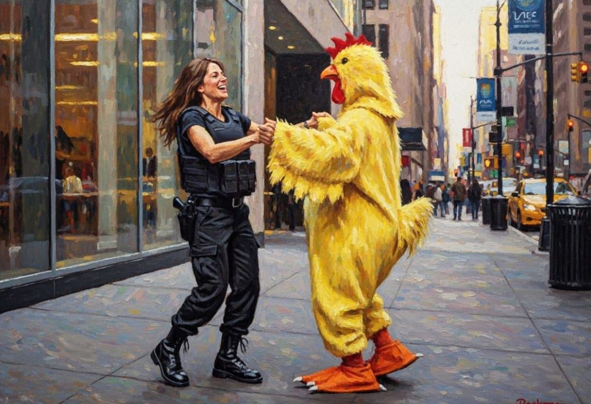 Impressionist Oil Painting of Woman Dancing with Chicken Man