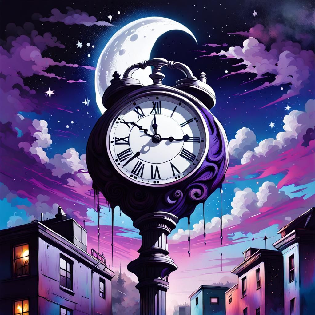 Mystical Moon Clock in Polychromatic Graffiti Art