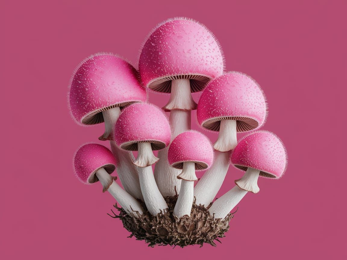 Fuzzy Pink Mushrooms in Surreal Illustration Style