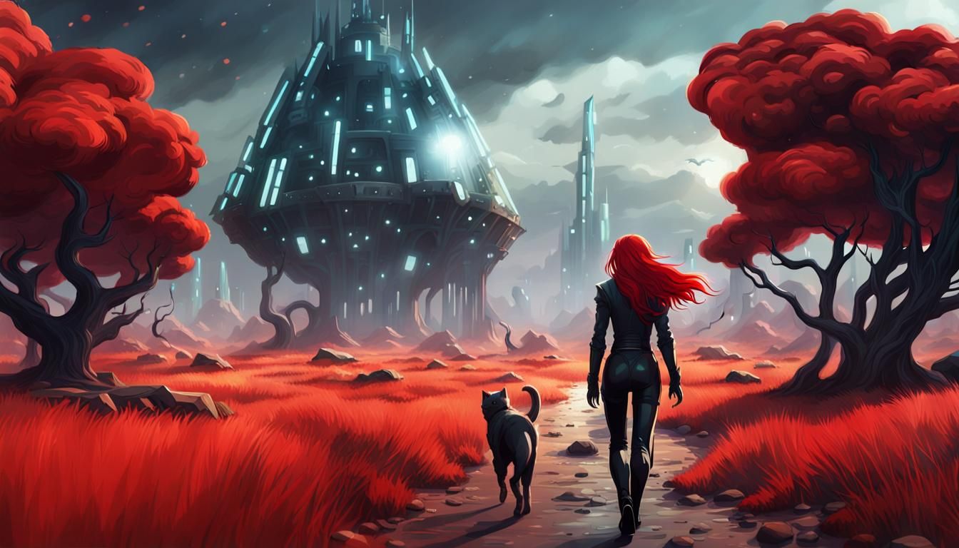 Dystopian Guide: Redhead Leads Blind Man in Sci-Fi City