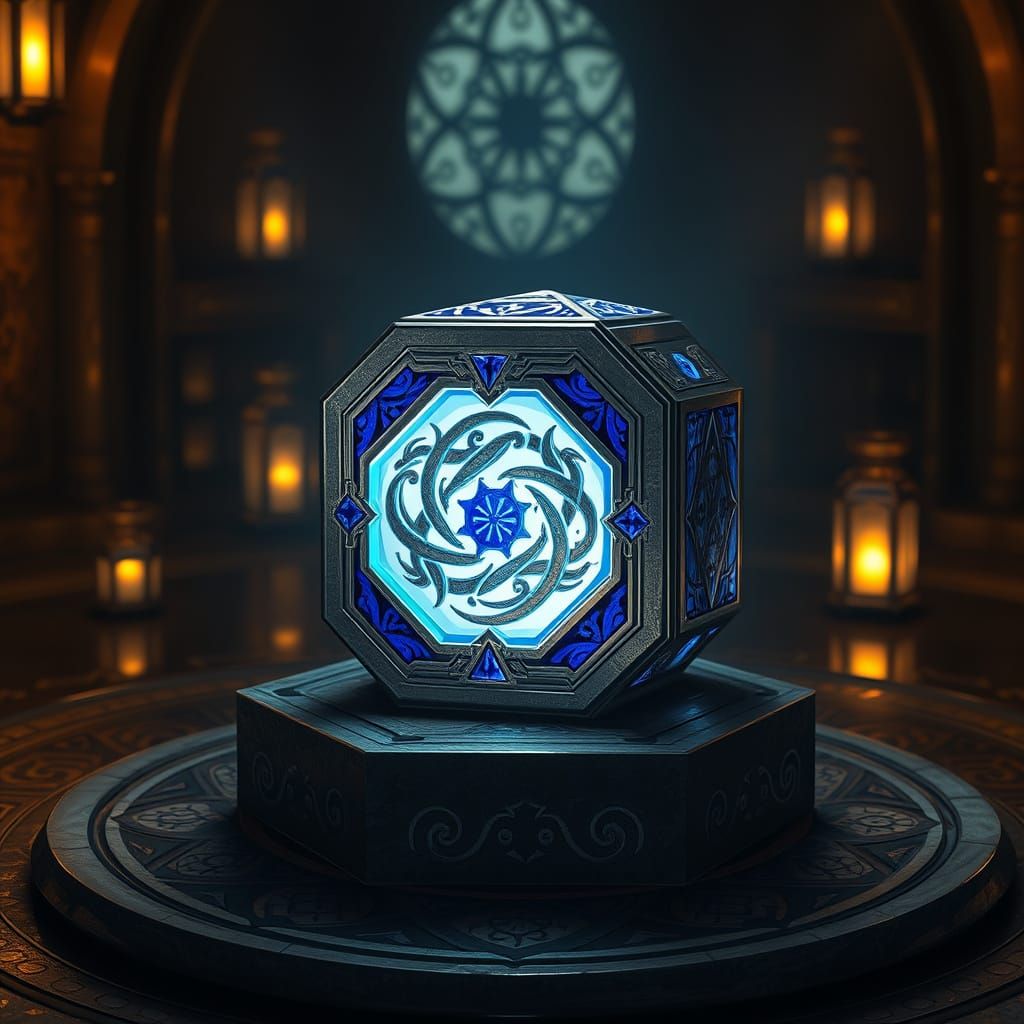 Hexagonal Holocron in a Dimly Lit Jedi Meditation Chamber