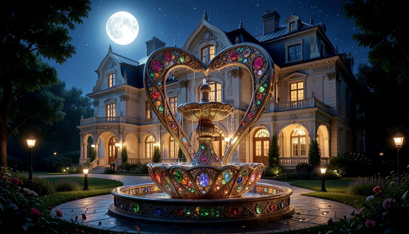 Art Nouveau Heart Fountain at Moonlight Mansion