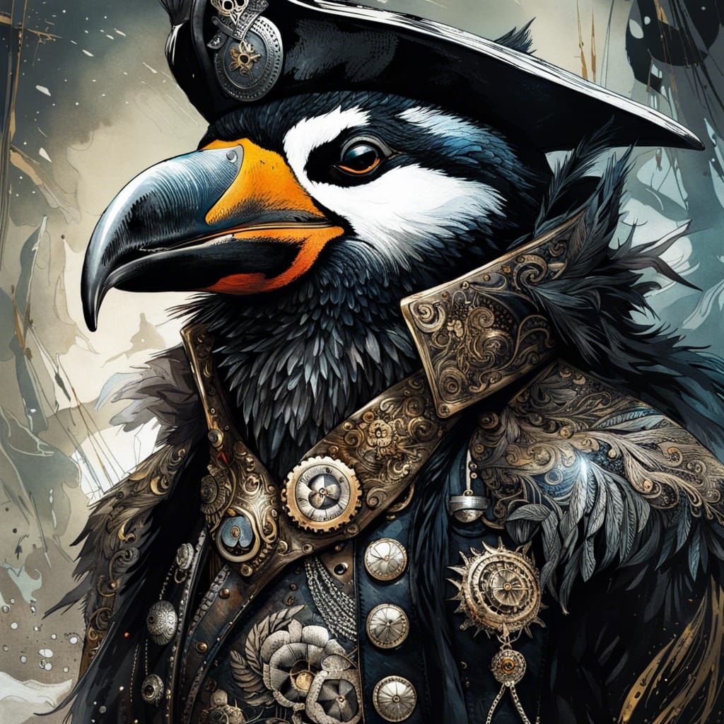 Detailed Pirate Penguin Portrait in Impressionist Style