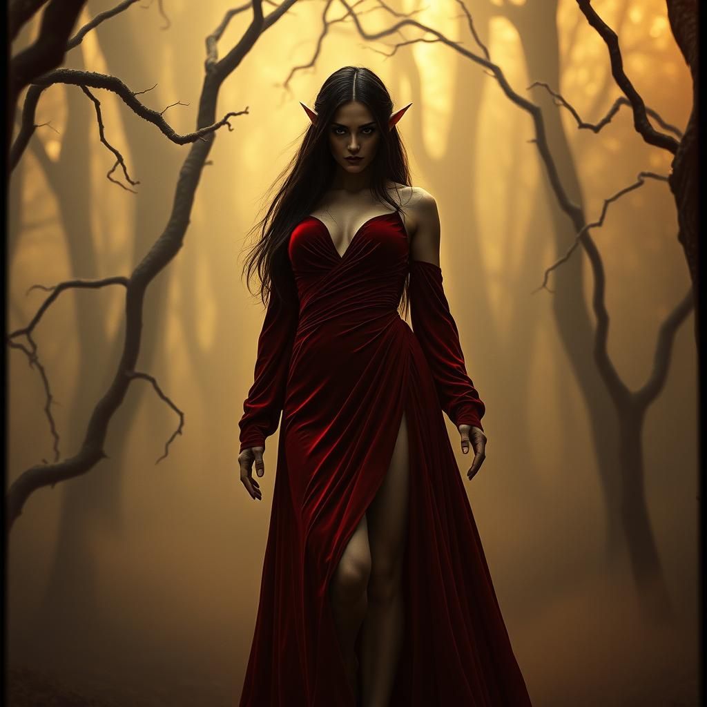 Crimson Vampire Elf Emerges from Mist in Gothic Style