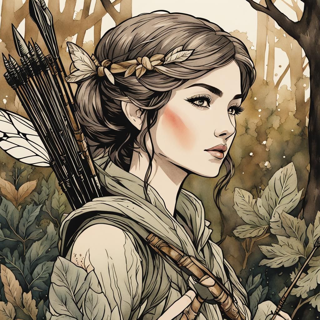 Female Fairy Ranger Portrait in Ink Painting Style