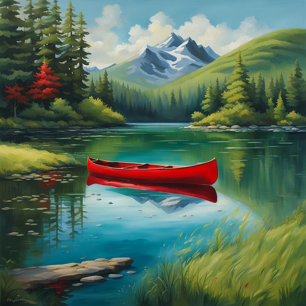 Red Canoe on a Serene Lake in a Valley