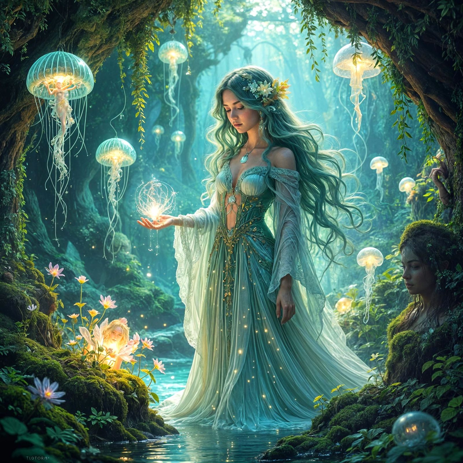 Bioluminescent Grotto with Ethereal AI Druid