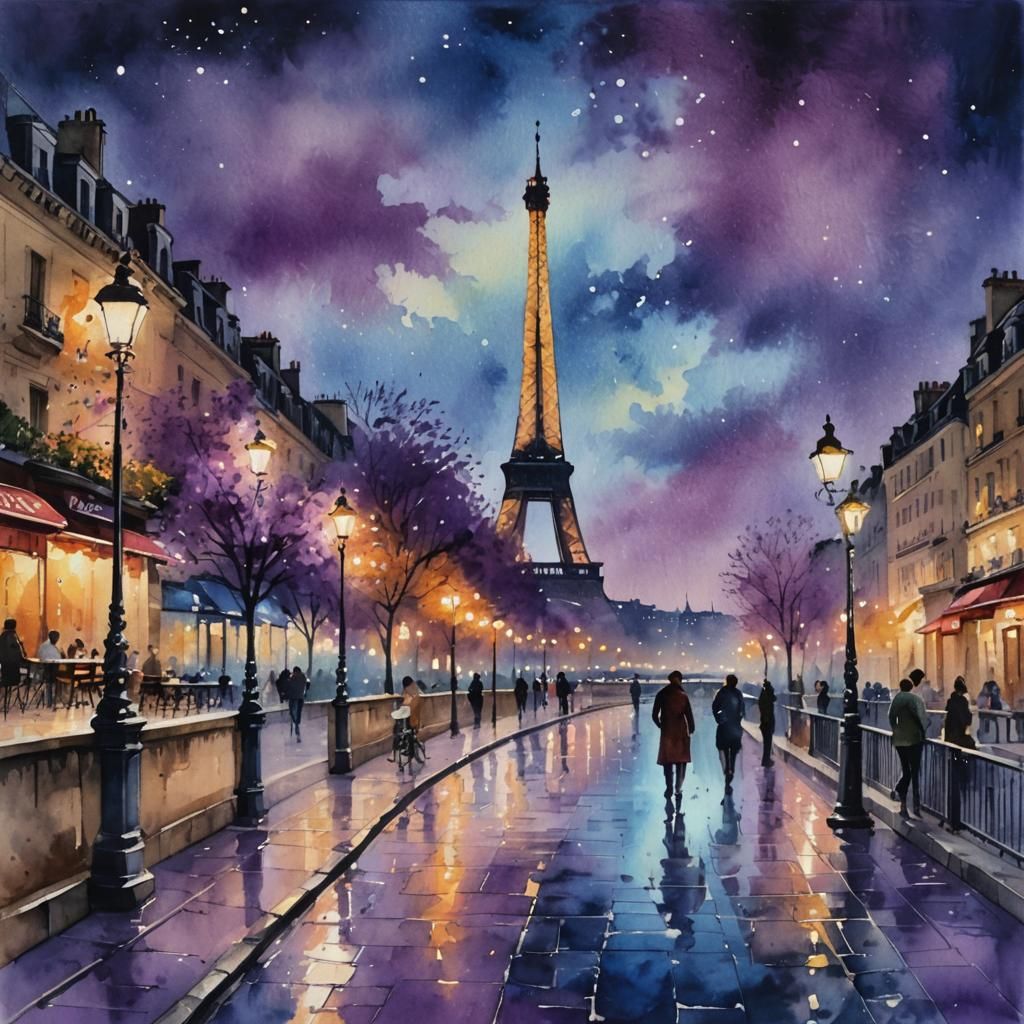 Parisian Street at Night in Watercolor Style