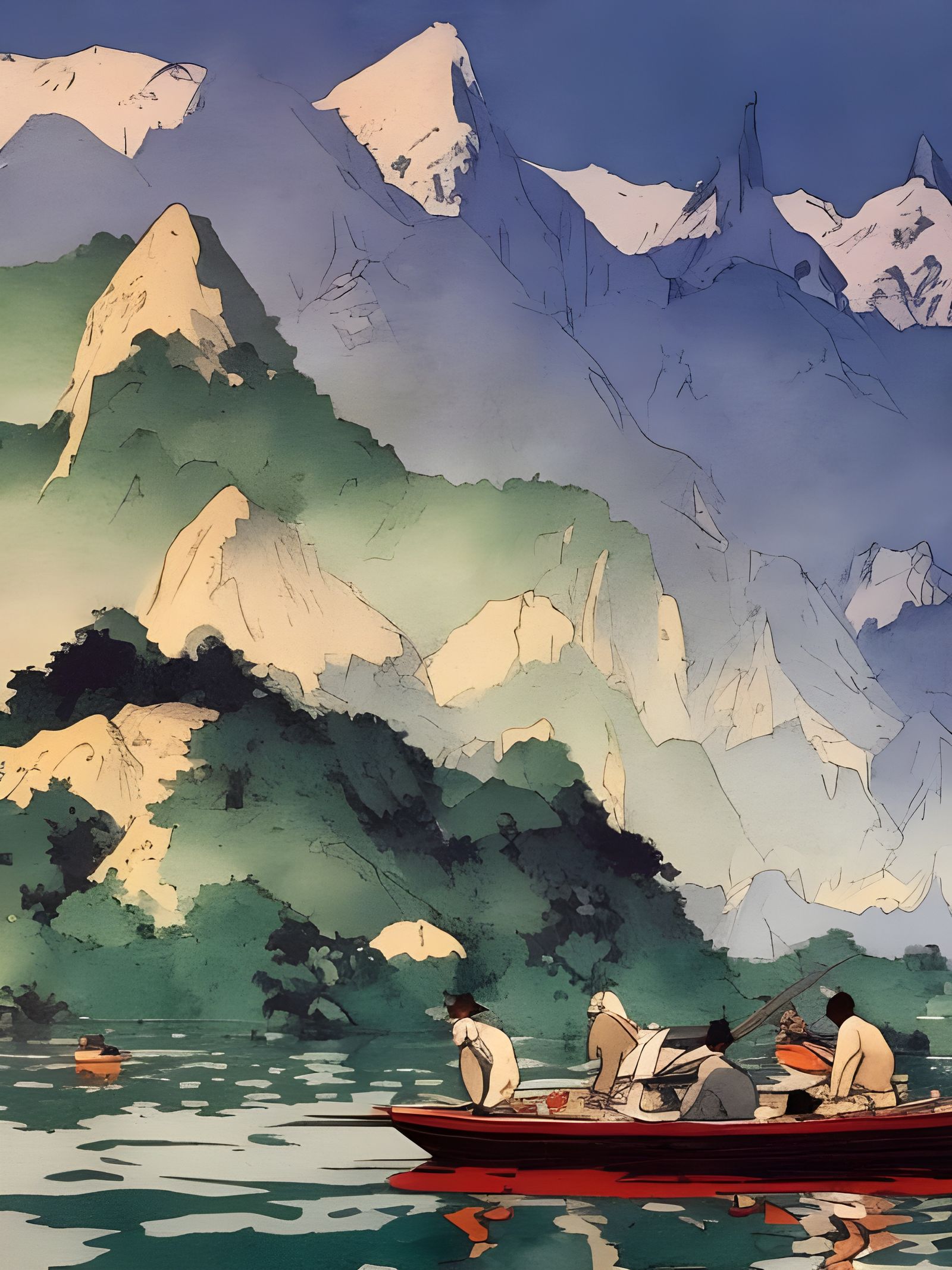 Fishermen on Water: Woodcut Style Cityscape