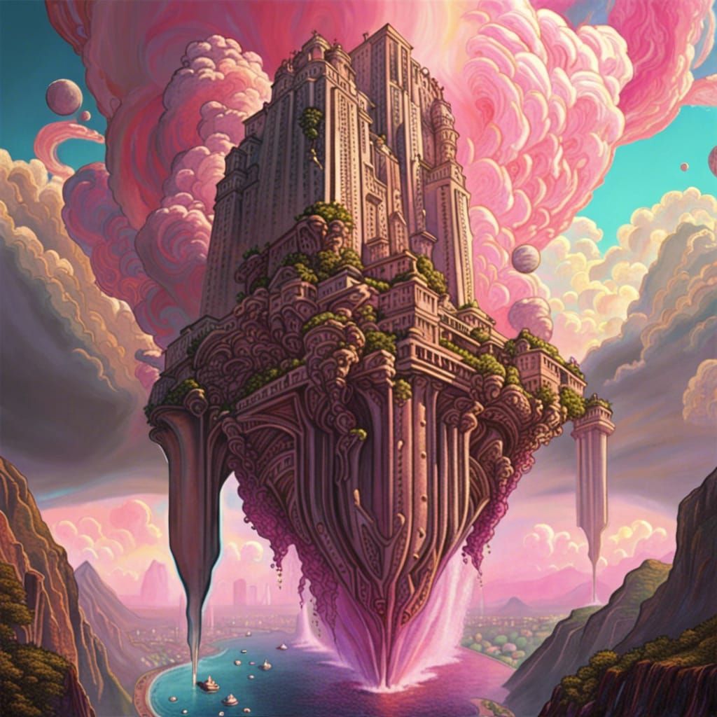Flying Waterfall City with Pink Clouds